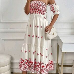 Boho Off-Shoulder White Dress with Red Floral Embroidery